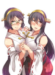 Rule 34 | 10s, 2girls, ayyh, bare shoulders, black eyes, black hair, black skirt, blush, breast press, breasts, brown eyes, collarbone, detached sleeves, glasses, green-framed eyewear, hairband, holding hands, haruna (kancolle), headgear, highres, interlocked fingers, japanese clothes, kantai collection, kirishima (kancolle), large breasts, long hair, looking at viewer, looking to the side, multiple girls, nontraditional miko, open mouth, pleated skirt, red skirt, remodel (kantai collection), ribbon-trimmed sleeves, ribbon trim, short hair, simple background, skirt, smile, symmetrical docking, teeth, white background, wide sleeves