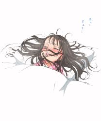 Rule 34 | 1girl, black hair, blush, closed eyes, commentary request, gomennasai, hood, hood down, hooded jacket, jacket, long hair, lying, nose blush, on back, open mouth, original, pillow, pink jacket, solo, striped clothes, striped jacket, teeth, translation request, under covers, upper teeth only, white background