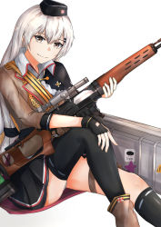 Rule 34 | 1girl, absurdres, assault rifle, black gloves, black hat, black skirt, black thighhighs, boots, brown footwear, brown jacket, character name, dragunov svd, fingerless gloves, girls&#039; frontline, gloves, grey eyes, grey hair, gun, hand on own knee, hand on weapon, hat, highres, holding, holding weapon, huge filesize, jacket, long hair, looking at viewer, military, military hat, military uniform, muteppona hito, on floor, rifle, shirt, sitting, skirt, smile, sniper rifle, solo, svd (girls&#039; frontline), thighhighs, uniform, weapon, weapon case, white background, white shirt