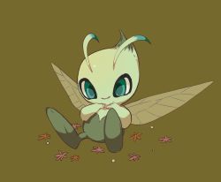Rule 34 | celebi, closed mouth, commentary request, creatures (company), full body, game freak, gen 2 pokemon, green eyes, green pupils, leaf, legendary pokemon, lying, mythical pokemon, nintendo, no humans, oimo kenpi, on back, pokemon, pokemon (creature), simple background, smile, solo
