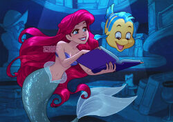 Rule 34 | 1girl, ariel (disney), artist name, blue eyes, book, breasts, bust (sculpture), candle, cleavage, cup, drinking glass, fish, flounder (the little mermaid), green tail, holding, holding book, holly (missholly), instagram username, long hair, medium breasts, mermaid, monster girl, open book, red hair, shell, shell bikini, teeth, the little mermaid, underwater, watermark, web address, wine glass