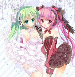 Rule 34 | 2girls, :d, bad id, bad pixiv id, beatmania, beatmania iidx, bemani, breasts, cleavage, detached collar, elbow gloves, frilled skirt, frills, gloves, green eyes, green hair, hair ornament, hinata momo, kitami erika, long hair, microphone stand, mizushiro celica, multiple girls, open mouth, purple eyes, purple hair, skirt, smile, twintails