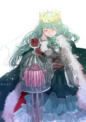 Rule 34 | alternate costume, aqua dress, aqua hair, armor, birdcage, cage, clenched hand, closed eyes, coat, cross-laced clothes, crown, dress, frilled dress, frills, fur-trimmed coat, fur trim, futaba sana, gem, green coat, green gemstone, hair down, hand up, highres, holding, holding cage, layered dress, long dress, long hair, low ponytail, magia record: mahou shoujo madoka magica gaiden, mahou shoujo madoka magica, pink hair, severed head, sidelocks, smile, sweater, tamaki iroha, totte, turtleneck, turtleneck sweater, twitter username, wavy hair, white background