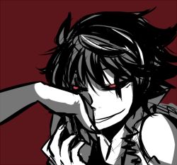 Rule 34 | .flow, 1boy, black hair, black sclera, colored sclera, monochrome, night (nightmargin), night (pixiv), out of frame, red eyes, simple background, sketch, smile (.flow), smirk, solo focus, spot color