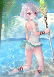 Rule 34 | 1girl, ass, bare shoulders, barefoot, feet, flat chest, frilled one-piece swimsuit, frilled swimsuit, frills, highres, kokkoro (princess connect!), kokkoro (summer) (princess connect!), legs, looking back, one-piece swimsuit, pink eyes, polearm, princess connect!, short hair, soles, spear, swimsuit, teren, toes, weapon, white hair
