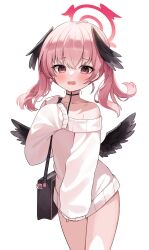 Rule 34 | 1girl, absurdres, bag, black wings, blue archive, blush, cowboy shot, halo, head wings, highres, koharu (blue archive), looking at viewer, nannung, open mouth, pink eyes, pink hair, pink halo, simple background, single bare shoulder, sleeves past wrists, solo, sweater, white background, white sweater, wings
