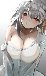 Rule 34 | 1girl, absurdres, blush, breasts, cleavage, collarbone, collared shirt, goddess of victory: nikke, grey hair, grin, hair between eyes, hairband, highres, large breasts, leaning to the side, long hair, long sleeves, looking at viewer, modernia (first affection) (nikke), modernia (nikke), oversized clothes, red eyes, shirt, simple background, single bare shoulder, smile, solo, ssa (kiseion), upper body, v arms, white shirt