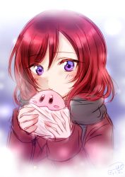 Rule 34 | 1girl, :t, black scarf, blurry, blurry background, blush, blush stickers, closed mouth, coat, eating, food, holding, holding food, kirby, kirby (series), long sleeves, looking at viewer, love live!, love live! school idol project, nintendo, nishikino maki, purple background, purple eyes, red coat, red hair, ric. (marchen mozuku), scarf, short hair, signature, sketch, solo, swept bangs, upper body, wrapper