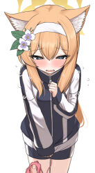 Rule 34 | 1boy, 1girl, animal ear fluff, animal ears, black jacket, black shorts, blonde hair, blue archive, blue eyes, blush, commentary request, flower, flying sweatdrops, gym shorts, hair between eyes, hair flower, hair ornament, hairband, halo, highres, holding, jacket, long hair, long sleeves, mari (blue archive), mari (track) (blue archive), mitsumine raimu, out of frame, puffy long sleeves, puffy sleeves, remote control vibrator, sex toy, short shorts, shorts, sleeves past wrists, solo focus, track jacket, very long hair, vibrator, white flower, white hairband