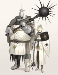 Rule 34 | 1boy, 1girl, armor, belt, blonde hair, blue eyes, brown belt, brown thighhighs, cape, chainmail, closed mouth, commentary request, fat, fat man, female knight, flail, full armor, gauntlets, greaves, grey background, grey cape, head scarf, height difference, helmet, highres, holding, holding shield, holding weapon, huge weapon, km yama, knight, leather belt, mace, mail, armored boots, original, shield, simple background, spiked mace, spikes, tabard, thighhighs, weapon