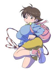 Rule 34 | 1girl, absurdres, action, ahoge, ass, backpack, bag, blush, breasts, brown hair, fishing line, fishing rod, highres, large breasts, legs, looking at viewer, shoes, short hair, skirt, sneakers, standing, standing on one leg, sweater, thighs, umihara kawase, umihara kawase (character), undershirt