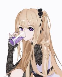 Rule 34 | 1girl, arknights, black flower, black gloves, blonde hair, chinese commentary, closed mouth, commentary request, cup, dress, drink, drinking, drinking glass, elbow gloves, fingerless gloves, flower, gloves, hair flower, hair ornament, highres, holding, holding cup, indigo (arknights), indigo (serene day) (arknights), jinqing, knee up, long hair, looking at viewer, official alternate costume, one side up, purple dress, purple eyes, simple background, sitting, sleeveless, sleeveless dress, solo, very long hair, white background