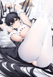 Rule 34 | 1girl, absurdly long hair, absurdres, ass, ass cutout, azarashi (azrsot), azur lane, black eyes, black hair, black skirt, breasts, butt crack, clothing cutout, hair between eyes, highres, indomitable (azur lane), indomitable (ms. motivationless maid) (azur lane), large breasts, legs up, long hair, looking at viewer, lying, maid headdress, official alternate costume, on back, pantyhose, skirt, solo, underboob, very long hair, white pantyhose