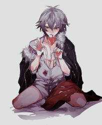 Rule 34 | 1boy, akira (togainu no chi), blood, blood on clothes, blood on face, bottomless, cum, cum on clothes, empty eyes, facial, full body, fur-trimmed jacket, fur trim, grey background, grey hair, hair between eyes, highres, holding, holding jewelry, holding necklace, jacket, jacket on shoulders, jewelry, kneeling, looking at viewer, male focus, necklace, open clothes, open shirt, parted lips, sakiha, shadow, shirt, short hair, simple background, solo, spread legs, togainu no chi, white shirt