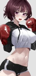 Rule 34 | 1girl, absurdres, angry, black shorts, blush, boxing gloves, breasts, brown hair, commentary, crop top, grey background, hands up, highres, hooded shrug, jururu, large breasts, midriff, multicolored hair, navel, open mouth, ori (0rizuru), purple eyes, purple hair, shorts, shrug (clothing), simple background, solo, stomach, streaked hair, teeth, two-tone hair, upper teeth only, v-shaped eyebrows, virtual youtuber, waktaverse