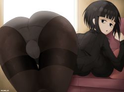 Rule 34 | 1girl, ass, ass focus, black eyes, black hair, blossom hope, breasts, cameltoe, fat mons, highres, long sleeves, looking at viewer, looking back, mature female, open mouth, panties, panties under pantyhose, pantyhose, short hair, solo, sweater, thick thighs, thighband pantyhose, thighs, underwear, washua tomi, woomler