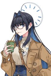 Rule 34 | 1girl, :3, bag, black-framed eyewear, black hair, blue eyes, blue hair, boros (ouro kronii), bow, buttons, clipe, coat, cup, drinking, drinking straw, glasses, grin, hair behind ear, hair intakes, hair ornament, hololive, hololive english, looking at viewer, multicolored hair, official alternate costume, one eye closed, ouro kronii, ouro kronii (casual), shoulder bag, sidelocks, smile, solo, trench coat, upper body, virtual youtuber