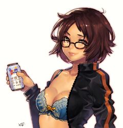 Rule 34 | 1girl, absurdres, black-framed eyewear, black jacket, blue bra, bra, breasts, brown eyes, brown hair, can, glasses, highres, holding, holding can, jacket, kuzuno ha, lips, long sleeves, medium breasts, mole, mole above mouth, mole on breast, off shoulder, original, short hair, signature, simple background, solo, underwear, upper body, white background