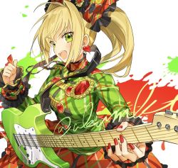 Rule 34 | 1girl, ahoge, akamakoto, blonde hair, blush, braid, breasts, fate/extra, fate/grand order, fate (series), french braid, green eyes, green shirt, guitar, hair between eyes, hair intakes, hair ornament, instrument, large breasts, long hair, long sleeves, looking at viewer, lostroom outfit (fate), nero claudius (fate), nero claudius (fate) (all), nero claudius (fate/extra), official alternate costume, open mouth, orange skirt, plectrum, shirt, side ponytail, skirt, smile, solo