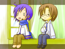 2boys ahoge barefoot blue_hair blue_scarf chibi fuuga_naoto glasses headphones headset kaito_(vocaloid) male_focus multiple_boys o_o scarf short_hair sitting smile takitate vocaloid