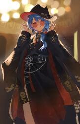 Rule 34 | 1girl, absurdres, alternate eye color, belt, black coat, blue hair, blurry, bokeh, brown hat, buttons, chain, coat, coat on shoulders, depth of field, hair over shoulder, hands up, hat, highres, hololive, hoshimachi suisei, hoshimachi suisei (oriental suit), light particles, long sleeves, looking at viewer, medium hair, nagiushi, parted lips, red eyes, round eyewear, smile, solo, virtual youtuber