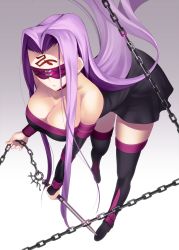 Rule 34 | 1girl, bare shoulders, black dress, black footwear, black thighhighs, blindfold, boots, breasts, chain, cleavage, collar, detached sleeves, dress, facial mark, fate/stay night, fate (series), forehead mark, full body, hair intakes, highres, holding, holding weapon, large breasts, long hair, machimura komori, medusa (fate), medusa (rider) (fate), nameless dagger (fate), parted lips, purple hair, short dress, solo, strapless, strapless dress, thigh boots, thighhighs, very long hair, weapon, zettai ryouiki