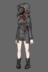 Rule 34 | 1girl, ahoge, belt, black capelet, black dress, black footwear, boots, braid, breasts, brown hair, capelet, dress, full body, gloves, grey background, highres, hood, hood up, hooded capelet, kantai collection, long hair, medium breasts, plague doctor mask, shinshuu maru (kancolle), simple background, solo, standing, sugamo (rainysnowy108), twin braids, white gloves