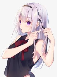 Rule 34 | 1girl, armpits, bare shoulders, black shirt, braid, breasts, collarbone, dress, hair tie, hair tie in mouth, highres, kisaragi yuri, long hair, looking at viewer, medium breasts, mouth hold, original, purple eyes, purple hair, red neckwear, ribbon, shirt, silver hair, simple background, sleeveless, solo, tying hair, upper body, white background