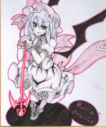 Rule 34 | &gt;:d, 1girl, :d, artist name, bat wings, blue hair, bow, character name, earlgrey, female focus, hat, hat bow, low wings, no nose, open mouth, polearm, puffy sleeves, red eyes, remilia scarlet, shikishi, short hair, short sleeves, smile, solo, spear, spear the gungnir, touhou, traditional media, v-shaped eyebrows, weapon, wings, wrist cuffs