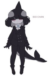 Rule 34 | absurdres, black hair, cetacean tail, colored skin, dot mouth, expressionless, fins, fish tail, formal, gloves, highres, idoru, orca, orca girl, original, purple eyes, scar, shoes, short hair, simple background, suit, tail, thick thighs, thighs, tuxedo, white background, white skin