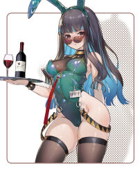 Rule 34 | 1girl, alcohol, animal ears, bare shoulders, black hair, blue hair, bottle, breasts, brown thighhighs, colored inner hair, covered navel, cup, drinking glass, fake animal ears, fate/grand order, fate (series), green leotard, grey eyes, highleg, highleg leotard, highres, jewelry, leotard, long hair, looking at viewer, medium breasts, multicolored hair, name tag, neck ring, o-ring, playboy bunny, rabbit ears, round eyewear, sidelocks, solo, sunglasses, tenochtitlan (fate), thighhighs, thighs, tray, ura illust, wavy hair, wine, wine bottle, wine glass, wristband
