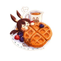 Rule 34 | 1girl, amiya (arknights), animal ears, arknights, blueberry, brown hair, chocolate, closed eyes, closed mouth, commentary, english commentary, food, food focus, foodification, fruit, highres, ice cream, ichiknees, low ponytail, maple syrup, rabbit ears, raspberry, simple background, sleeping, smile, solo, thought bubble, waffle, white background, zzz