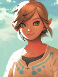 Rule 34 | 1boy, artist name, bellhenge, blonde hair, blue eyes, blue sky, closed mouth, cloud, commentary, day, english commentary, grey shirt, link, looking to the side, male focus, nintendo, outdoors, pointy ears, shirt, short hair, short sleeves, sky, smile, solo, the legend of zelda, the legend of zelda: skyward sword, thick eyebrows, upper body, white tunic