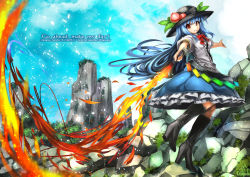 Rule 34 | 1girl, blue hair, blue sky, blurry, boots, bow, broken ground, food, fruit, hat, high heel boots, high heels, hinanawi tenshi, knee boots, mountain, peach, puffy short sleeves, puffy sleeves, red eyes, shirt, short sleeves, skirt, sky, solo, sword of hisou, touhou, umigarasu (kitsune1963)