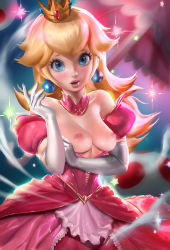 Rule 34 | 1girl, bare shoulders, blonde hair, blue eyes, blurry, breasts, breasts out, choker, crown, depth of field, dress, earrings, elbow gloves, female focus, gloves, gradient background, highres, jewelry, long hair, looking at viewer, mario (series), nintendo, nipples, pink dress, princess peach, sakimichan, smile, solo, sparkle, star (symbol), strapless, strapless dress, super mario bros. 1, umbrella, upper body