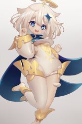 Rule 34 | 1girl, blonde hair, blue eyes, blush, bright pupils, cape, eyelashes, genshin impact, hair between eyes, hair ornament, halo, hands up, hane (15188414), highres, long sleeves, looking at viewer, medium hair, open mouth, paimon (genshin impact), shiny skin, single thighhigh, smile, solo, star (symbol), star hair ornament, teeth, thighhighs, tongue, upper teeth only, white pupils, white thighhighs
