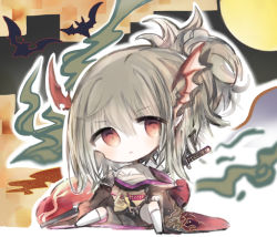 Rule 34 | 1girl, :&lt;, animal, bad id, bad pixiv id, bare shoulders, bat (animal), black kimono, blush, character request, chibi, closed mouth, commentary request, cottontailtokki, dragon wings, grey hair, hair between eyes, head tilt, head wings, japanese clothes, katana, kimono, knee up, kneehighs, long sleeves, looking at viewer, no shoes, off shoulder, ponytail, red eyes, sarashi, shadowverse, shingeki no bahamut, sitting, socks, solo, sword, weapon, white socks, white wings, wide sleeves, wings, yuzuki (shadowverse)