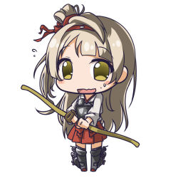 Rule 34 | 1girl, archery, bow (weapon), carillus, chibi, cosplay, flying sweatdrops, full body, gloves, grey hair, hairband, kantai collection, kyuudou, love live!, love live! school idol project, minami kotori, muneate, one side up, partially fingerless gloves, partly fingerless gloves, pleated skirt, shoukaku (kancolle), shoukaku (kancolle) (cosplay), simple background, skirt, solo, sweat, weapon, white background, yellow eyes, yugake