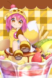 Rule 34 | 1girl, :p, animal ears, blueberry, blush, brown eyes, cherry, dress, fake animal ears, food, food on face, fox hat, fox tail, fruit, full body, highres, hood, in food, kiwi (fruit), kiwi slice, long hair, looking at viewer, melon, nipeira, orange (fruit), original, oversized object, paw shoes, pudding, purple hair, shoes, smile, solo, strawberry, tail, tongue, tongue out, yuzuwa-chan