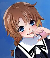 Rule 34 | 1girl, assault lily, black ribbon, blood, blood on clothes, blood on face, blue background, blue eyes, blush, braid, braided ponytail, brown hair, buttons, commentary request, dutch angle, fingernails, futagawa fumi, gradient background, hair between eyes, hand to own mouth, hand up, highres, kikikaikai (kikikaikai chan), long hair, long sleeves, low ponytail, neck ribbon, nosebleed, open mouth, portrait, ribbon, school uniform, single braid, smile, solo, teeth, yurigaoka girls academy school uniform