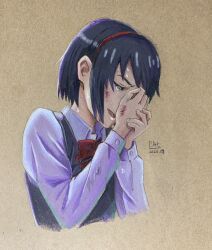 Rule 34 | 1girl, absurdres, artist name, bow, bowtie, closed eyes, collared shirt, colored pencil (medium), commentary request, cropped torso, crying, dated, dress shirt, grey sweater vest, hair ribbon, highres, injury, kimi no na wa., korean commentary, long sleeves, making-of available, mixed-language commentary, miyamizu mitsuha, open mouth, p.art, red bow, red bowtie, red ribbon, ribbon, scrape, shirt, short hair, simple background, solo, sweater vest, traditional media, upper body, white shirt