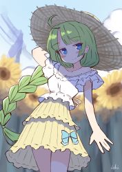 Rule 34 | 1girl, absurdres, ahoge, alternate costume, arm up, artist name, bare shoulders, blue bow, blue eyes, blush, bow, braid, brown hat, closed mouth, collarbone, commentary request, day, field, flower, flower field, green eyes, hand on headwear, hat, highres, ichi (ichi.colors), kantai collection, layered skirt, long hair, looking at viewer, off-shoulder shirt, off shoulder, outdoors, shirt, short sleeves, sidelocks, signature, single braid, skirt, smile, solo, standing, straw hat, sunflower, sunflower field, very long hair, white shirt, wide sleeves, yellow flower, yellow skirt, yuugumo (kancolle)