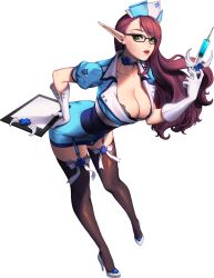 Rule 34 | 1girl, alternate costume, bent over, black thighhighs, breasts, brown hair, chaos online, choker, cleavage, clipboard, female focus, full body, garter straps, glasses, gloves, green eyes, hat, high heels, highres, large breasts, leaning forward, lips, long hair, looking at viewer, love cacao, nurse, nurse cap, official art, parted lips, pointy ears, reiden, solo, syringe, thighhighs, transparent background, white gloves