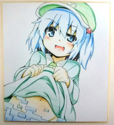 Rule 34 | 1girl, blue eyes, blue hair, censored, clothes lift, hair bobbles, hair ornament, hat, kawashiro nitori, matching hair/eyes, naughty face, no panties, open mouth, photo (medium), ryuu (multitask), shikishi, short hair, skirt, skirt lift, smile, solo, touhou, traditional media, twintails, two side up
