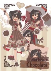 Rule 34 | 1girl, akagi miria, arm up, black hair, blush, box, box of chocolates, brown dress, brown eyes, brown footwear, candy, chair, character name, chocolate, chocolate bar, closed eyes, closed mouth, dot nose, dress, english text, food, food-themed clothes, frilled dress, frills, hair between eyes, hair ornament, hair ribbon, hand on own chin, hand on own face, heart, highres, holding, holding box, holding food, idolmaster, idolmaster cinderella girls, medium hair, monakocoa, on chair, open mouth, pocky, puffy short sleeves, puffy sleeves, ribbon, short sleeves, short twintails, smile, solo, solo focus, standing, standing on one leg, straight hair, tape, twintails, wrist cuffs
