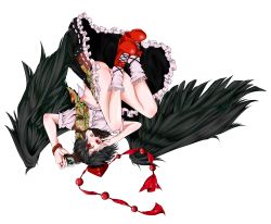 Rule 34 | 1girl, absurdres, black hair, black wings, blouse, blush, camera, female focus, fujisaki miharu, fujisaki miharu (love), full body, geta, hat, highres, looking at viewer, midriff, panties, pantyshot, red eyes, ribbon, shameimaru aya, shirt, short hair, skirt, solo, tengu-geta, tokin hat, touhou, transparent background, underwear, upside-down, wings