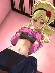 Rule 34 | 1girl, awa, battle spirits, black bra, blonde hair, blue eyes, bra, breasts, cameltoe, cleft of venus, clothes lift, eyebrows, flower, hair flower, hair ornament, hairband, izumi rollerthrough junko, legs, long hair, long sleeves, looking at viewer, mole, naughty face, navel, panties, panties under pantyhose, pantyhose, rose, saliva, shirt lift, sitting, small breasts, smile, solo, spread legs, thighs, tongue, underwear, undressing