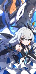 Rule 34 | 1girl, :o, bare shoulders, black sleeves, bronya zaychik, bronya zaychik (herrscher of reason), commentary request, detached sleeves, dress, ecliygame, grey eyes, grey hair, highres, honkai (series), honkai impact 3rd, layered dress, long hair, long sleeves, looking at viewer, parted lips, pleated dress, robot, solo, v-shaped eyebrows, very long hair, white background, white dress