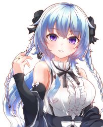 Rule 34 | 1girl, armpit crease, assault lily, bare shoulders, black bow, black ribbon, black skirt, black sleeves, blue hair, blush, bow, braid, breasts, buttons, center frills, commentary request, dameyoshi, detached sleeves, fang, frilled shirt, frills, hair bow, hand up, high-waist skirt, highres, jewelry, large breasts, long hair, long sleeves, looking at viewer, mori tatsuki, neck ribbon, off shoulder, parted lips, purple eyes, ribbon, ring, school uniform, see-through, shirt, sidelocks, simple background, skirt, sleeveless, sleeveless shirt, sleeves past wrists, smile, solo, suspender skirt, suspenders, sweat, twin braids, upper body, wet, wet clothes, wet shirt, white background, white bow, white shirt, yurigaoka girls academy school uniform