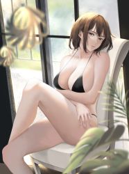 Rule 34 | 1girl, absurdres, alternate breast size, alternate costume, assault rifle, bikini, black bikini, breasts, brown eyes, brown hair, chair, collarbone, crossed arms, crossed legs, day, expressionless, feet out of frame, girls&#039; frontline, gun, highres, indoors, large breasts, m16, m16a1 (girls&#039; frontline), medium hair, mole, mole under eye, multicolored hair, no eyepatch, parang, parted lips, plant, resting, rifle, scar, scar across eye, scar on face, sitting, solo, streaked hair, swimsuit, weapon